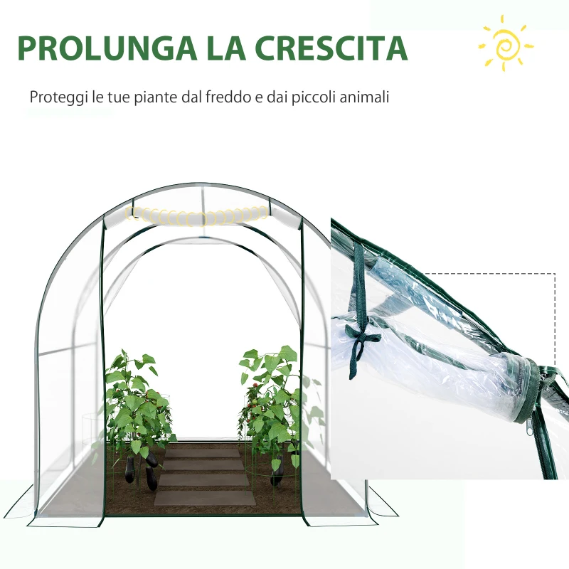Outsunny Serra Tunnel da giardino, Serra da Balcone per Piante e Orto con Copertura in PVC, Porta Avvolgibile e Telaio in Acciaio, 2x2.5x2m