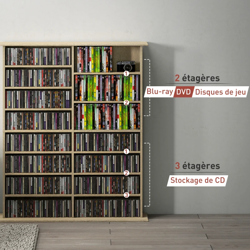 HOMCOM Rangements pour CD et DVD avec 16 compartiments et 12 étagères réglables capacité max. 720 CD/396 DVD et Blu-ray naturel