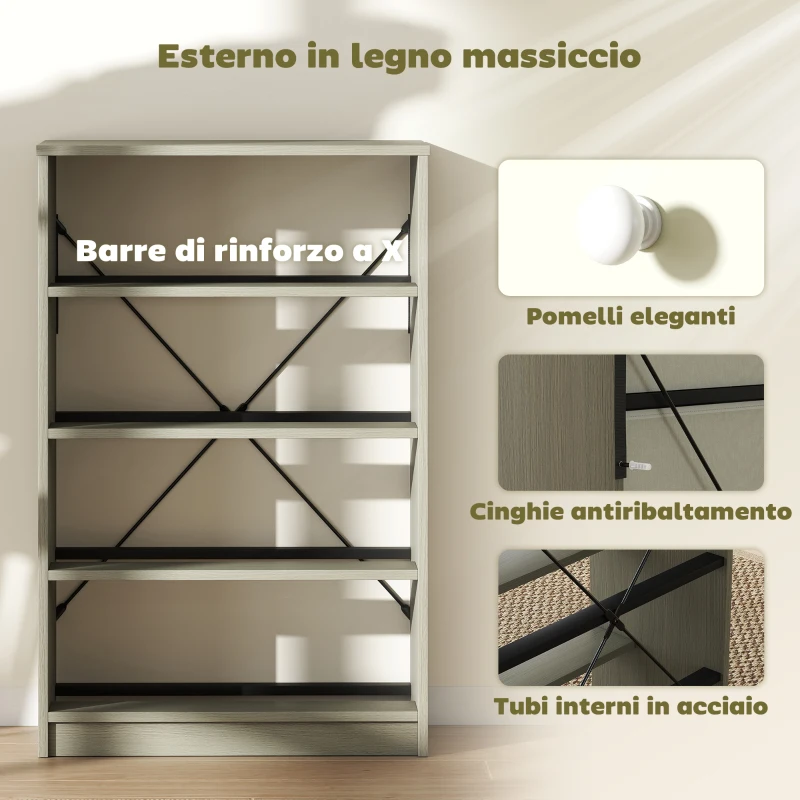 HOMCOM Cassettiera 4 Cassetti Pieghevoli con Maniglie Doppie, in Legno, Acciaio e Tessuto, 58x30x91 cm, Bianco e Grigio