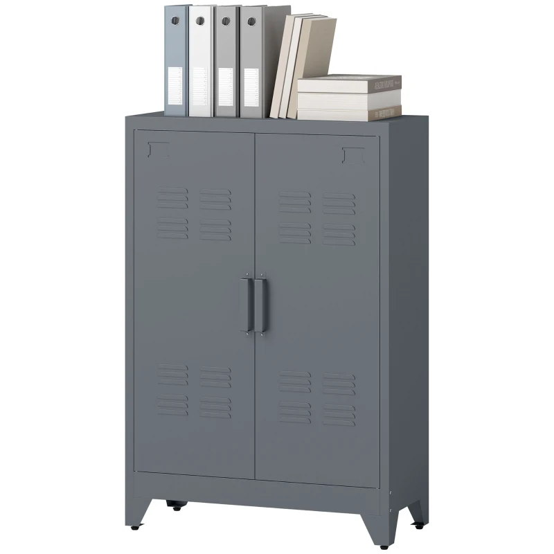 HOMCOM Armoire de bureau à 3 niveaux, meuble de rangement bureau métallique avec 2 portes et étagères réglables, armoire à dossiers pour le bureau à domicile, le garage, gris