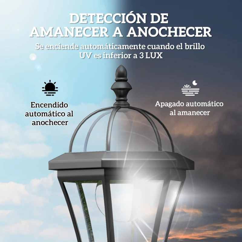 Outsunny 2 Farolas Solares de Jardín con Luz LED Blanca 6000K IP44 Set de 2 Farolas de Exterior 18,5x18,5x129 cm Negro