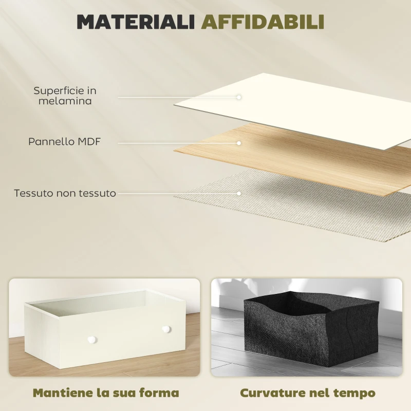 HOMCOM Cassettiera 4 Cassetti Pieghevoli con Maniglie Doppie, in Legno, Acciaio e Tessuto, 58x30x91 cm, Bianco e Grigio