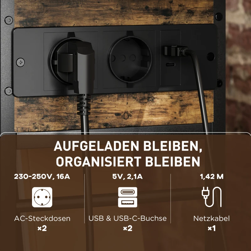 HOMCOM Bijzettafel met Stopcontacten, 2 Niveaus, USB-aansluitingen Opbergruimte 60 x 29,8 x 58,5 cm Rustiek Bruin(m-4)