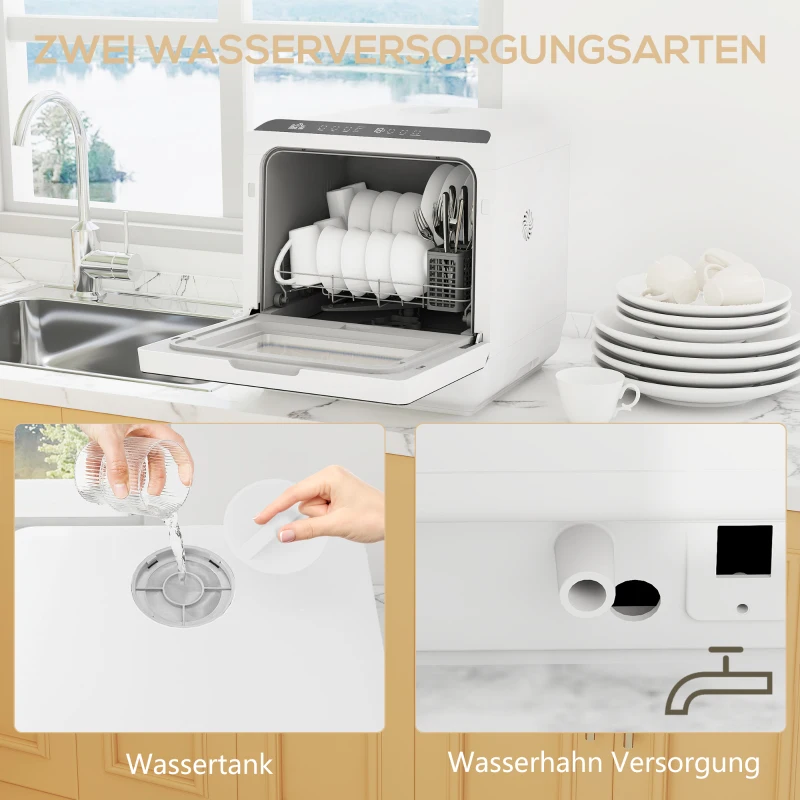 HOMCOM Tafelvaatwasser, Mini-Vaatwasser met 6-Liter-tank, 5 Programma's, LED-display, Droogfunctie, Wit(m-6)