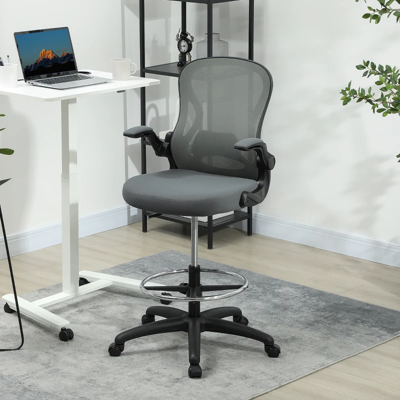 Vinsetto Drafting Chair, Ergonomic Tall Office Chair with Flip-up Armrests, Mesh Back, Lumbar Support, Adjustable Height and Foot Ring, Swivel Wheels, for Standing Desk, Charcoal Grey