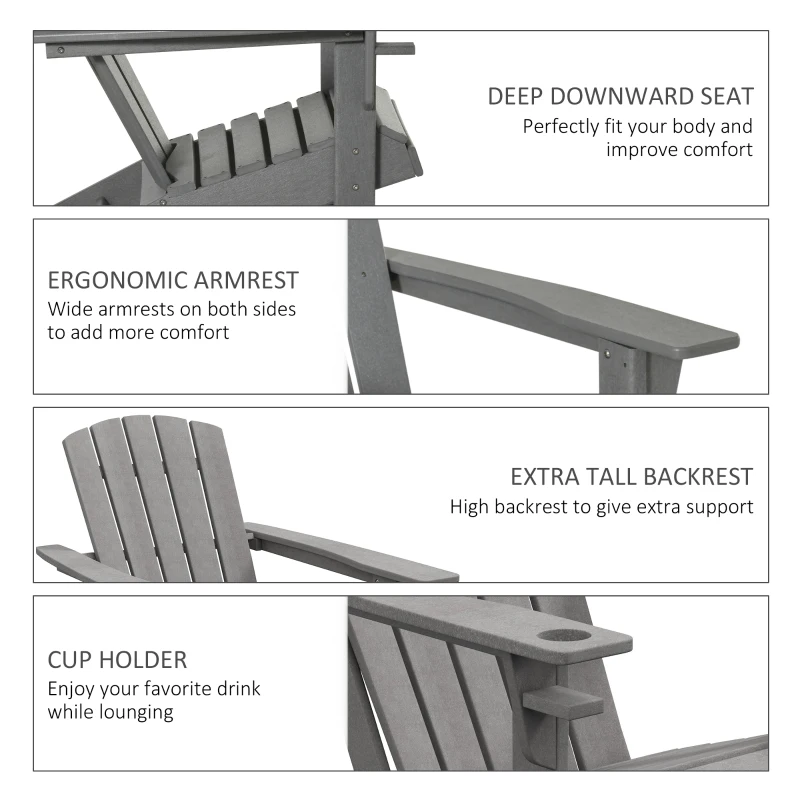 Outsunny krzesło ogrodowe Adirondack z uchwytem na kubek fotel ogrodowy mebel ogrodowy krzesło balkonowe kolor szary tworzywo sztuczne 75 x 87 x 90 cm