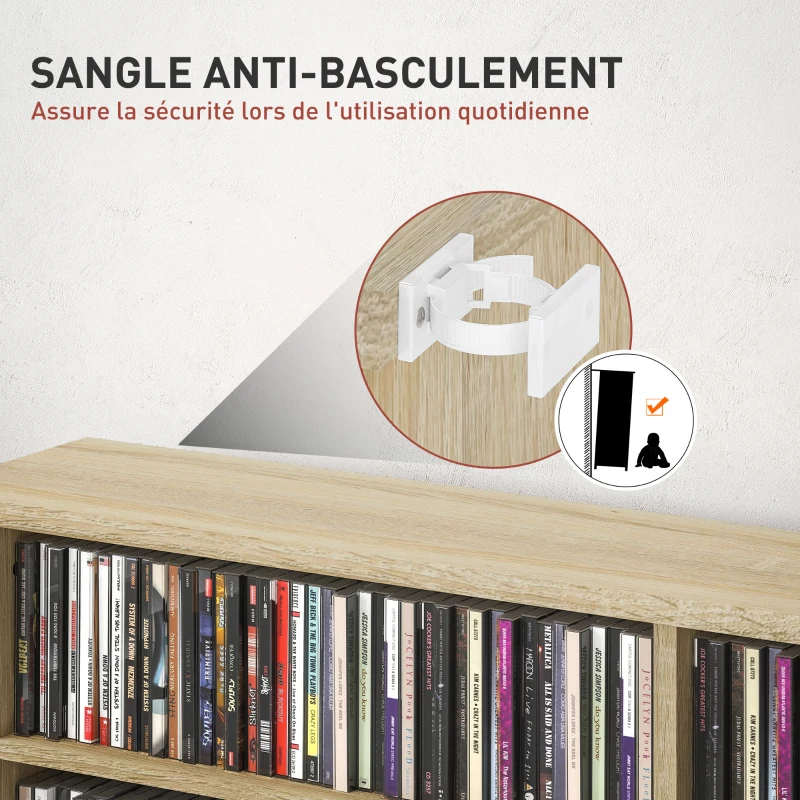 HOMCOM Rangements pour CD et DVD avec 16 compartiments et 12 étagères réglables capacité max. 720 CD/396 DVD et Blu-ray naturel
