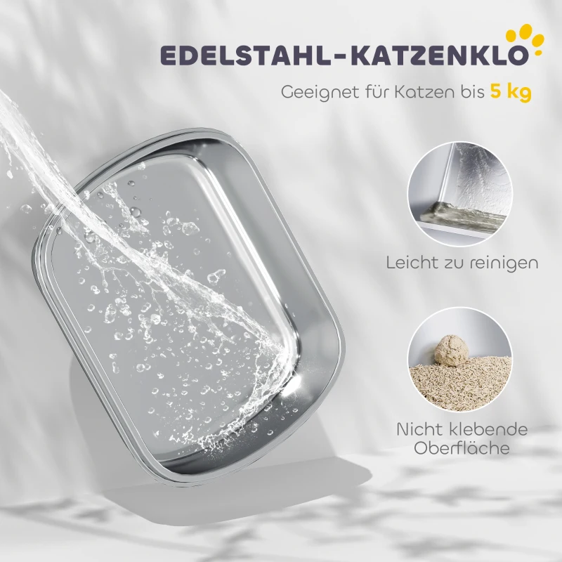 PawHut Roestvrijstalen kattenbak, gesloten kattenbak met schep, geurzak, ingang en uitgang(m-4)