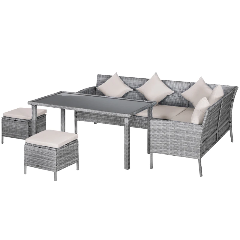 Outsunny Salon de jardin 6 pers. grand confort canapé d'angle + 2 poufs + table à manger 9 coussins assise & dossier fournis résine tressée grise