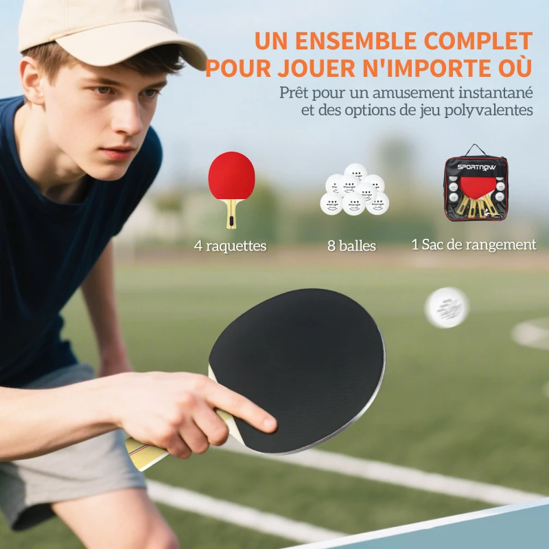 SPORTNOW Set de 4 raquettes de ping-pong, set de tennis de table 4 raquettes 8 balles 1 sac pour amateurs débutants experts