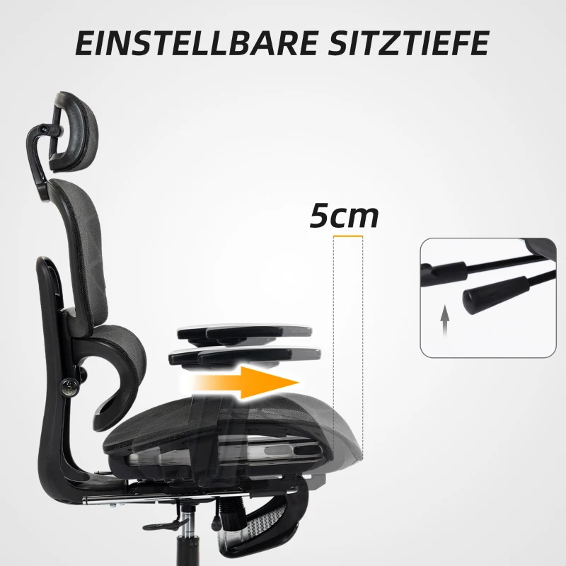 HOMCOM Bürostuhl, Ergonomischer Schreibtischstuhl mit Netzstoffbezug, verstellbar, rollbar, mit Armlehnen, Kopfstütze, Schwarz(m-5)