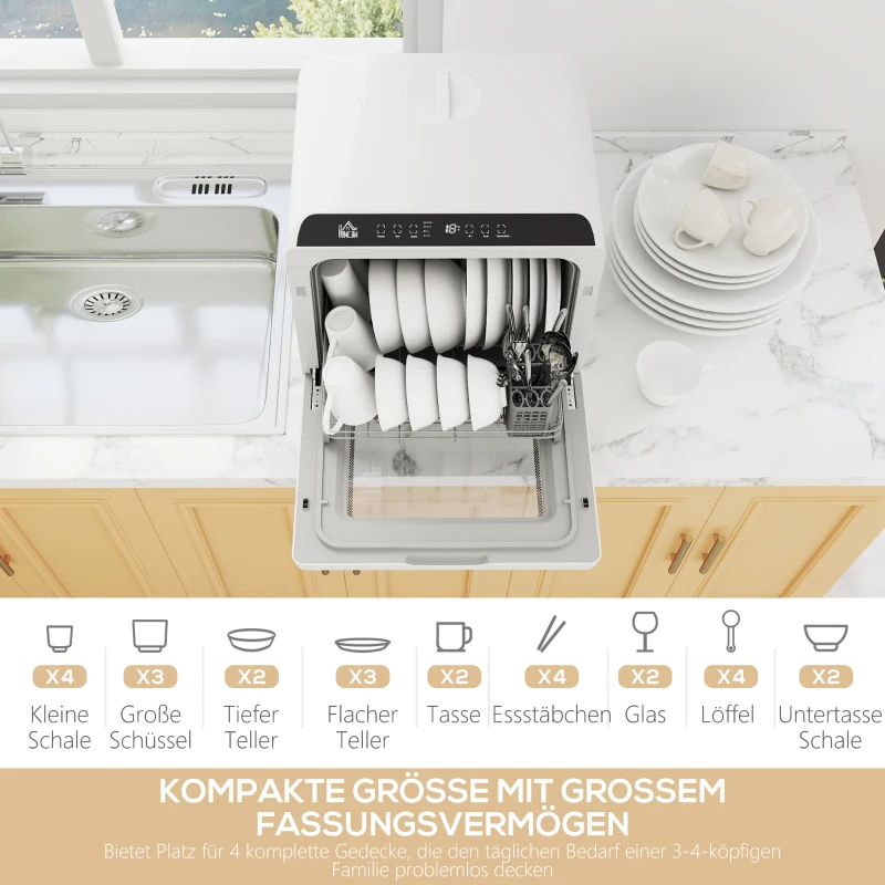 HOMCOM Tafelvaatwasser, Mini-Vaatwasser met 6-Liter-tank, 5 Programma's, LED-display, Droogfunctie, Wit(m-4)