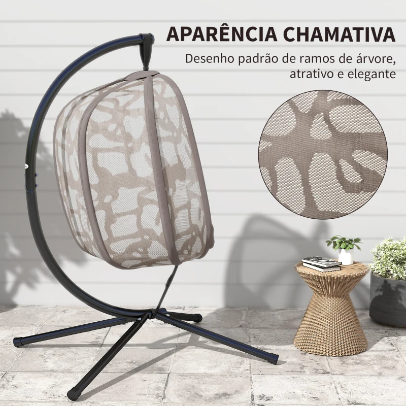 Outsunny Cadeirão Suspenso com Suporte de Aço Cadeira Suspensa com Cesto Dobrável e Almofadas para Interior e Exterior 126x96x172cm Cor Areia