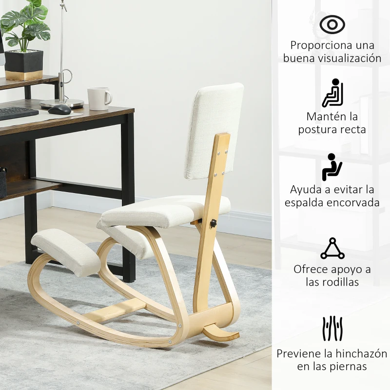 HOMCOM Silla Ergonómica de Rodillas con Respaldo Cojines Acolchados Marco de Madera para una Mejor Postura Oficina Crema