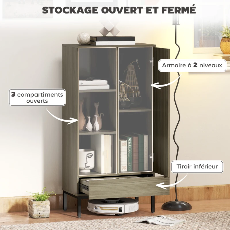 HOMCOM Buffet meuble de rangement avec placard à portes, tiroir, 3 compartiments ouverts et étagères réglables, gris