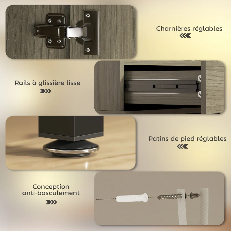 HOMCOM Buffet meuble de rangement avec placard à portes, tiroir, 3 compartiments ouverts et étagères réglables, gris