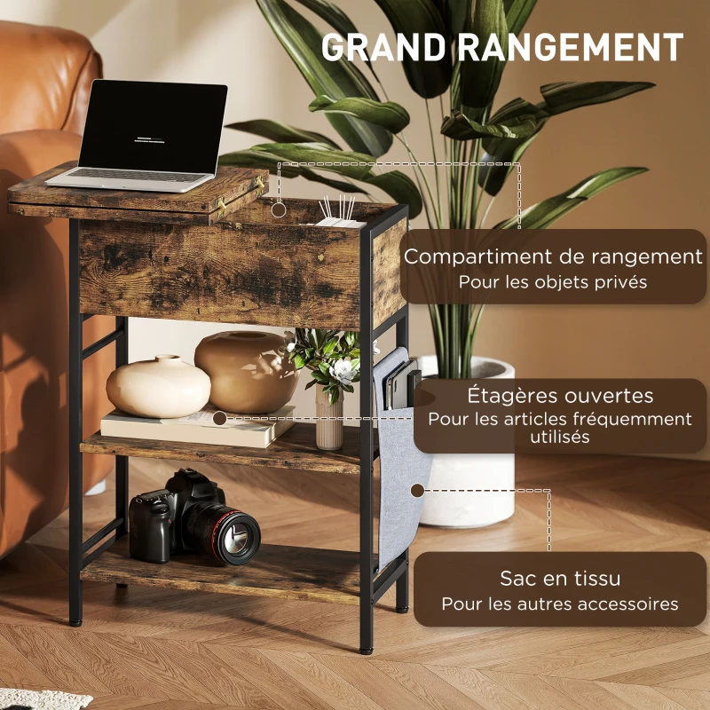 HOMCOM Table d'appoint bout de canapé avec station de charge et sac de rangement, 60 x 29,8 x 58,5 cm, brun rustique