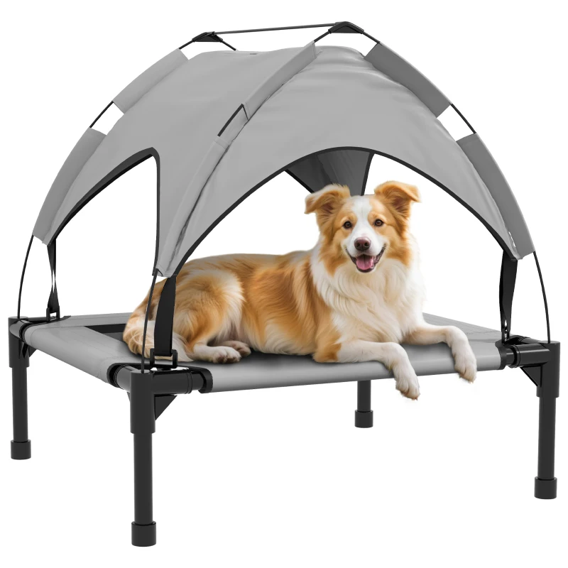 PawHut Cama para Cães Elevada com Toldo para Cães Médios com Estrutura de Aço e Bolsa de Transporte 76x61x69,5 cm Cinza Claro