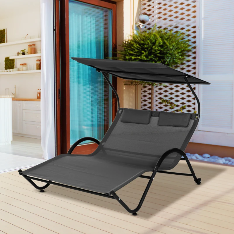 Outsunny Chaise longue bain de soleil transat avec auvent oreiller et roulettes en acier et polyester gris foncé