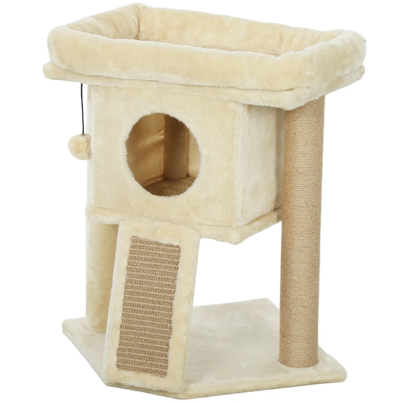 PawHut Rascador con alfombra rascadora de yute plataforma para dormir pelota de juego casa para gatos Beige 40x40x57 cm