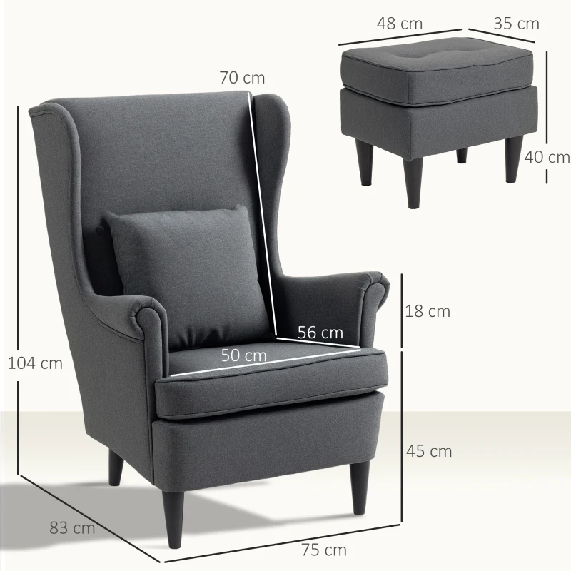 HOMCOM Sillón con Reposapiés Respaldo Alto Capitoné Patas de Madera Almohada Acolchada y Tapizado en Lino Gris