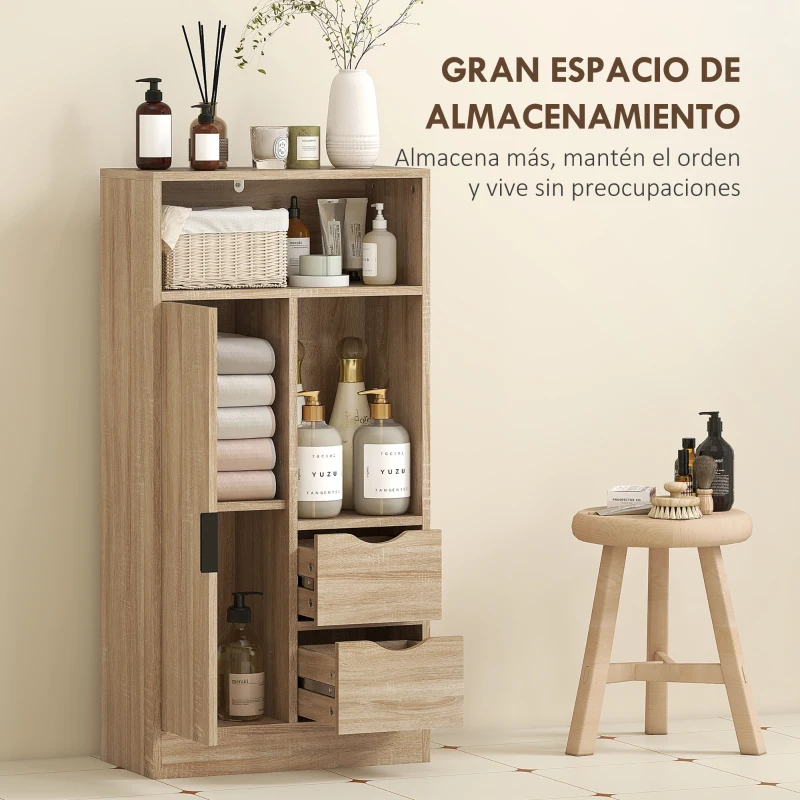 HOMCOM Armario de Baño con 2 Cajones Compartimento Abierto y Estantes Ajustables para Espacio Pequeño 50x25x100 cm Natural