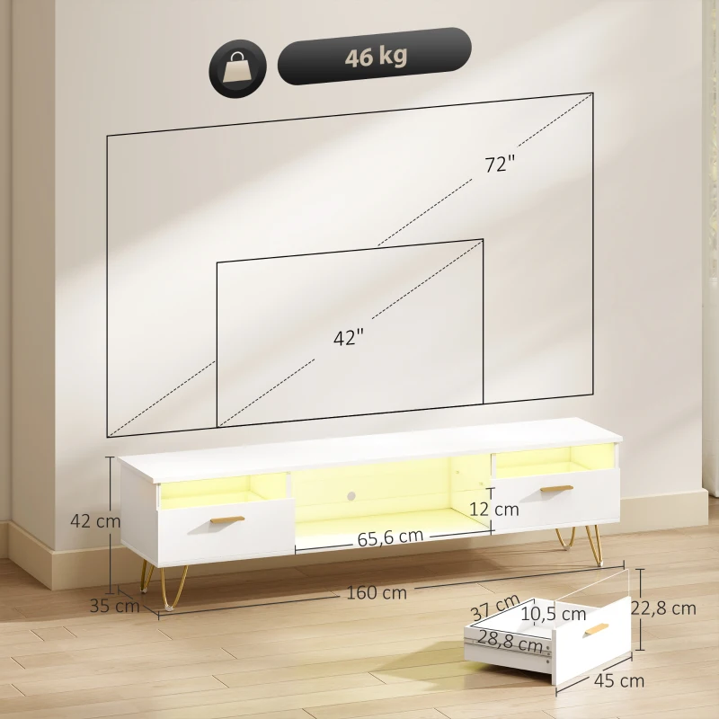 HOMCOM TV-Möbel mit 16 Farben LED RGB-Beleuchtung TV-Ständer für Fernseher von 42 bis 120 Zoll, 160x35x42cm, weiß