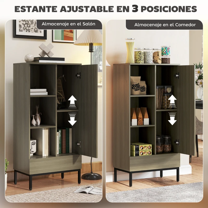 HOMCOM Aparador para Salón Moderno con Puerta Cajón Estante Ajustable y 3 Compartimentos Abiertos 60x34x121 cm Natural