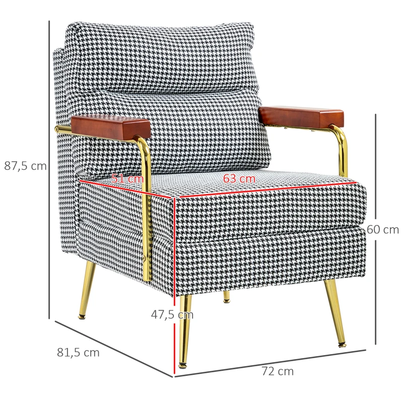 HOMCOM Sessel im Retrodesign, Akzentsessel, Hahnentrittmuster, Holzemelente, Federkern, Schwarz + Weiß