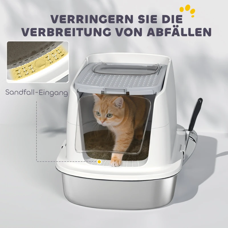 PawHut Roestvrijstalen kattenbak, gesloten kattenbak met schep, geurzak, ingang en uitgang(m-6)