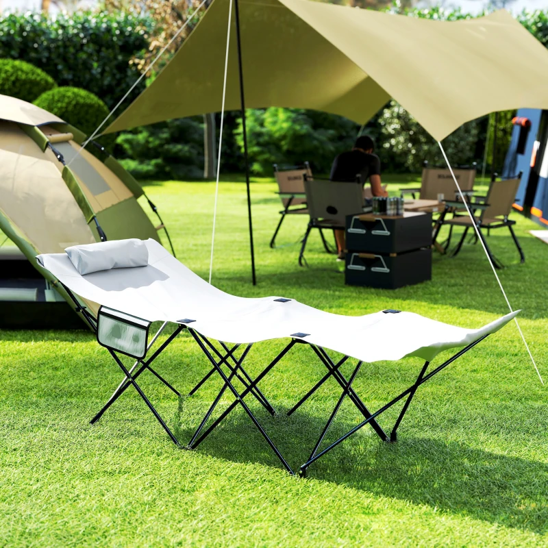 Outsunny Camping Bed for Adults, Single Folding Camp Bed, Portable Camping Cot with Side Pocket, Headrest and Oxford Seat for Outdoor, Travel, Fishing, Light Grey