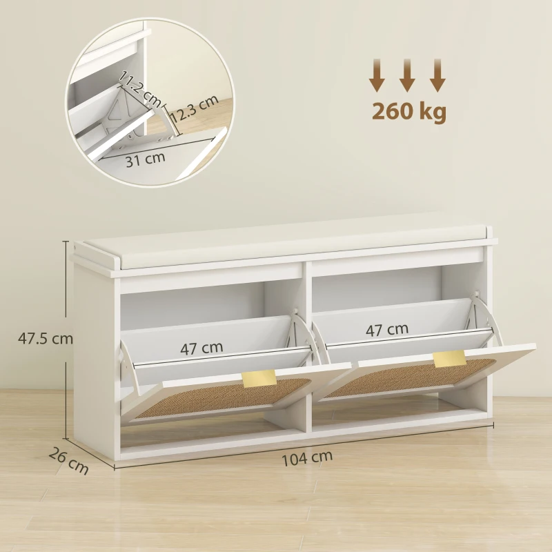 HOMCOM Boho Shoe Bench with Padded Seat and 2 Flip-Drawers - White