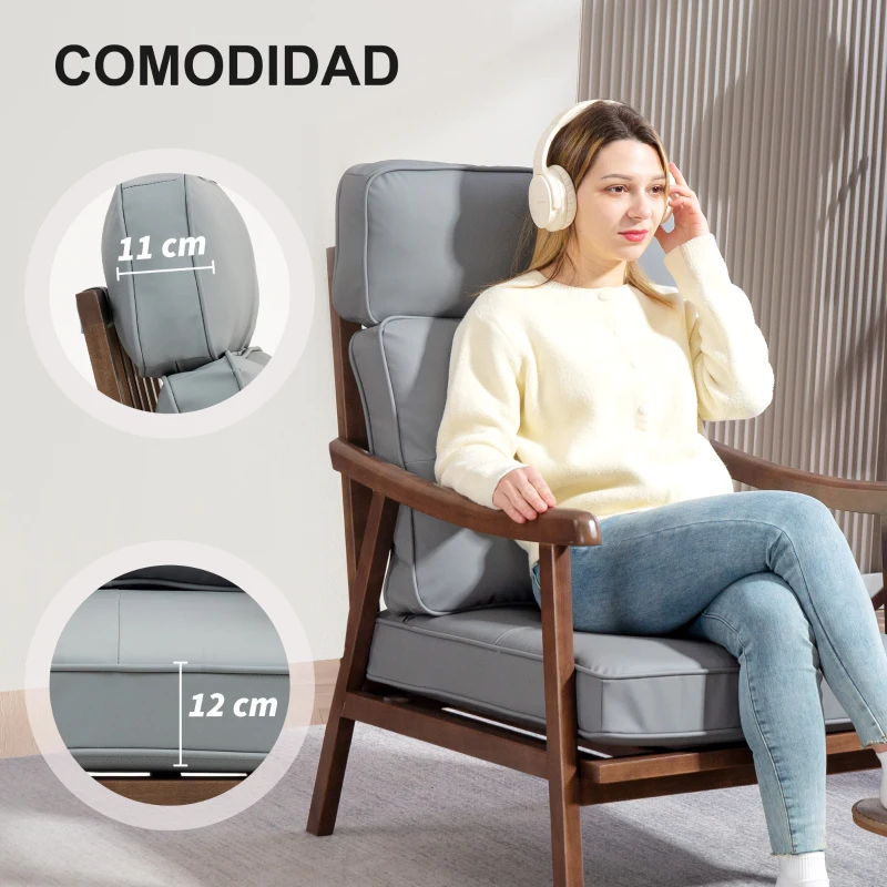 HOMCOM Sillón de Salón Tapizado en PU con Marco de Madera Cojines Acolchados Gruesos Gris y Madera Nogal