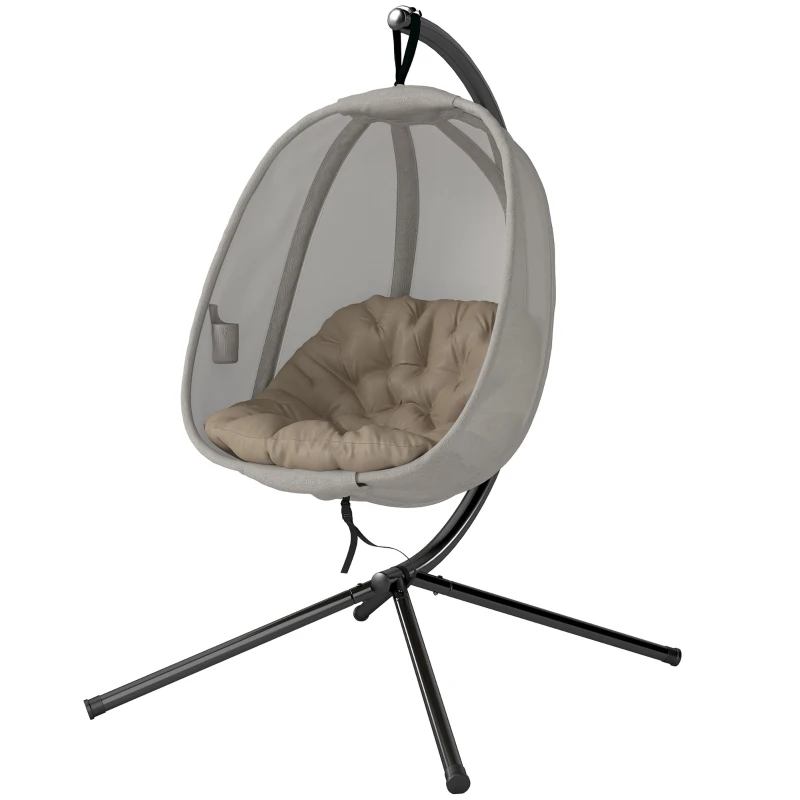 Outsunny Hanging Egg Chair, Folding Texteline Swing Hammock with Side Pocket, Cushion and Stand for Indoor Outdoor, Patio Garden Furniture, Khaki