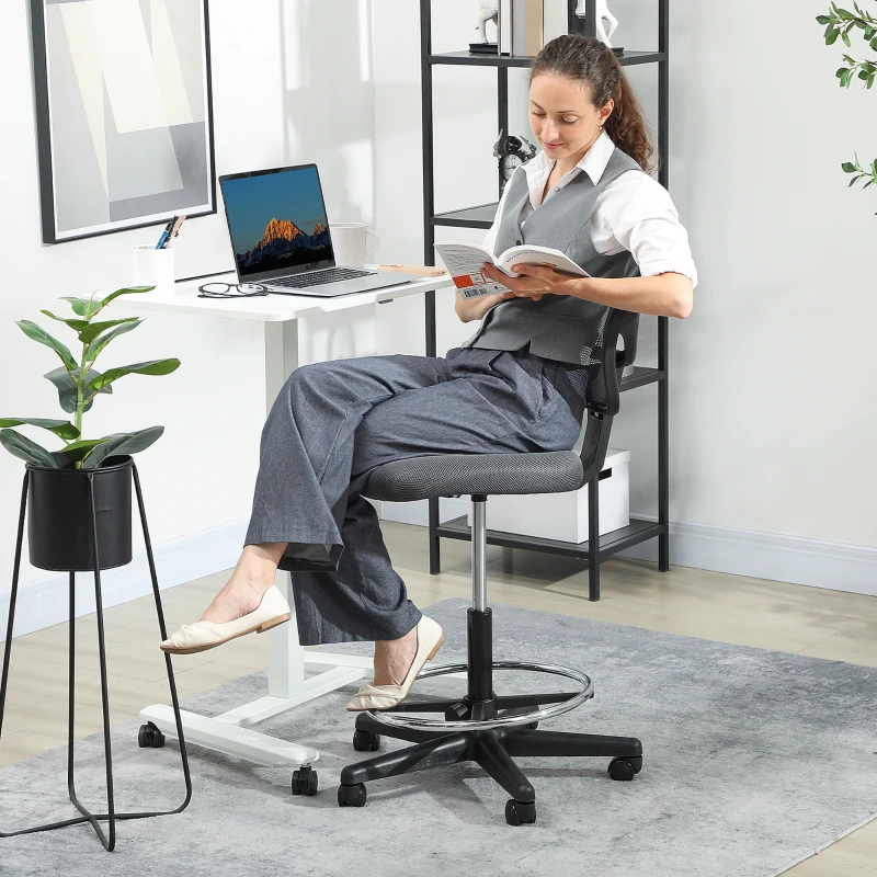 Vinsetto Ergonomic Mesh Standing Desk Chair with Adjustable Footrest Ring and Seat Height Charcoal Grey