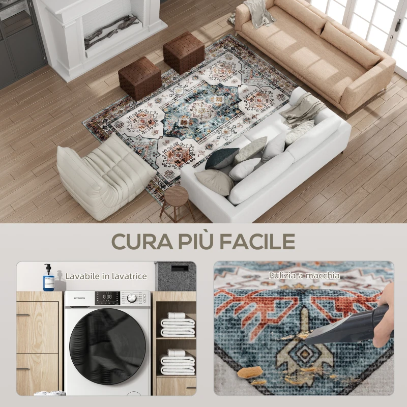 HOMCOM Tappeto Vintage Antiscivolo e Lavabile a Pelo Corto per Soggiorno e Camera, 230x160 cm, Multicolore