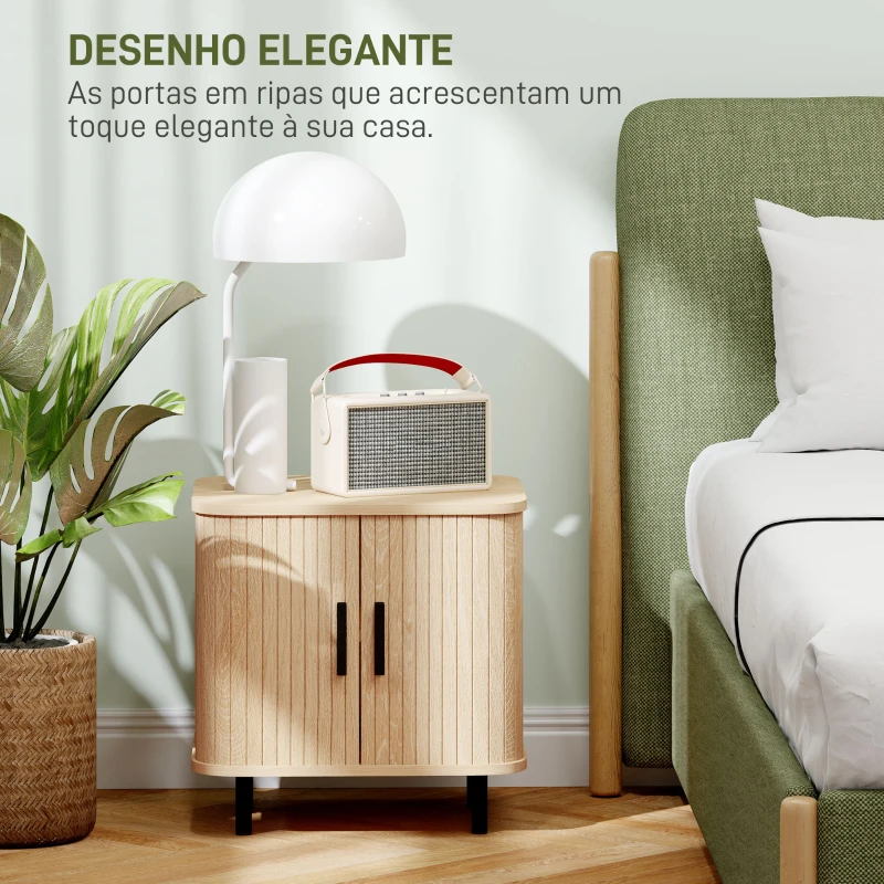 HOMCOM Mesa de Cabeceira com Portas de Correr 2 Prateleiras e Pés em Aço Estilo Escandinavo 48x40x48 cm Madeira