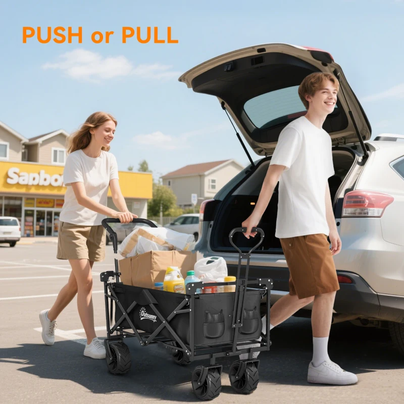Outsunny Folding Trolley Cart Storage Wagon Beach Trailer 4 Wheels with Handle Overhead Canopy Cart Push Pull for Camping, Black