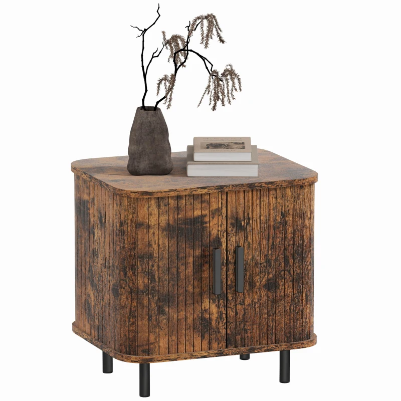 HOMCOM Bedside Table, Nordic Side Table with Roller Shutter Style Sliding Doors and Metal Legs for Bedroom, Living Room, Rustic Brown