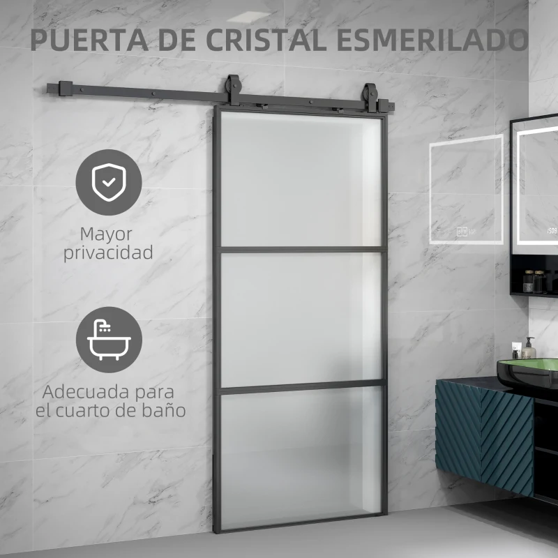 HOMCOM Puerta Corredera de Cristal con Herrajes Mecanismo Cierre Suave para Baño Salón 91,4x203,2 cm Negro
