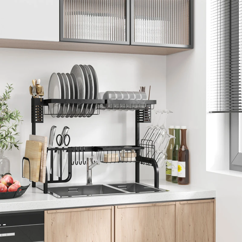 HOMCOM Escurreplatos de Acero de 2 Niveles para Fregadero con Diferentes Soportes y 5 Ganchos 65x31,5x52,5cm Negro