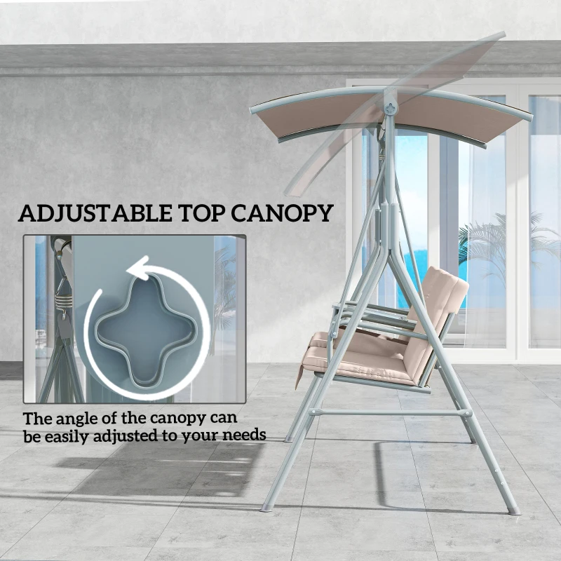 Outsunny 2 Seater Garden Swing Chair Patio Rocking Bench w/ Tilting Canopy, Double Padded Seats, Storage Bag and Tray, Beige