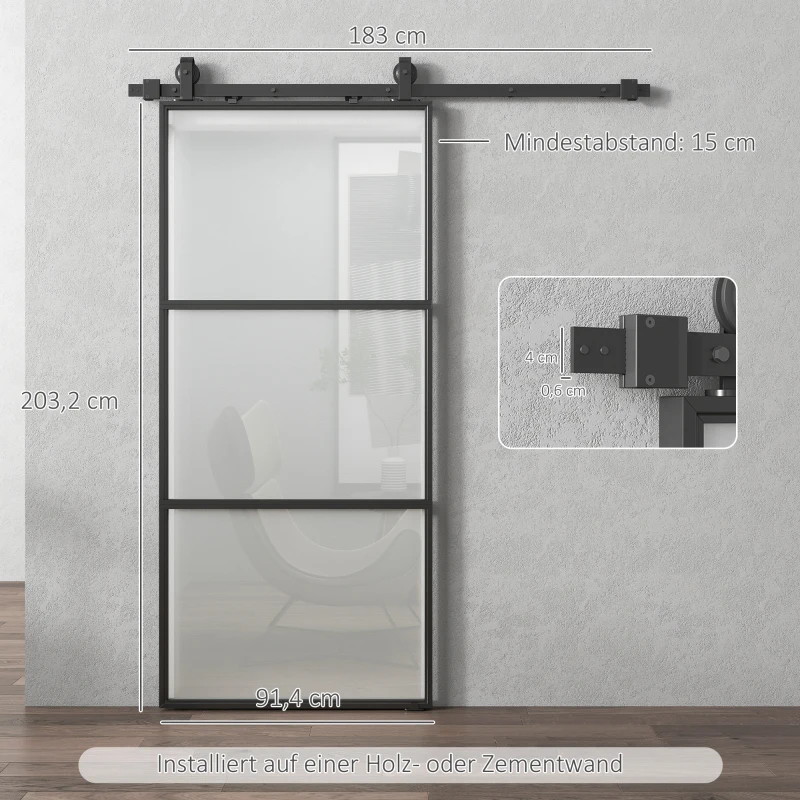 HOMCOM Schuifdeur met melkglas, railsysteem, montageset, soft-close mechanisme, eenvoudige montage, staal, zwart(m-3)