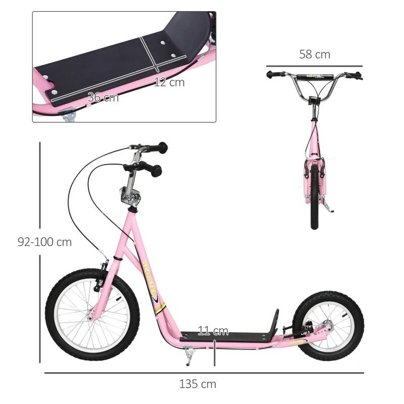 HOMCOM kinderstep step scooter stadsscooter kinderen scooter kickboard vanaf vijf jaar 16/12 inch roze 135 x 58 x 92-100 cm(m-3)