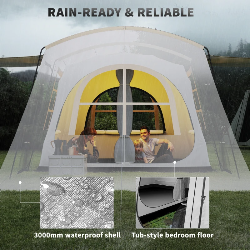 Outsunny 4 Man Tunnel Tent, Family Camping Tent with Porch, Bedroom and Living Area, Sewn in Groundsheet, 3000mm Waterproof, Portable with Bag for Hiking, Festival, Backpacking, Khaki