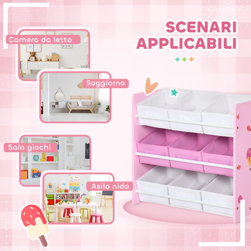 ZONEKIZ Mobiletto Portagiochi con 9 Cestini Rimovibili in Legno e Tessuto, 63x30x60 cm, Rosa e Bianco