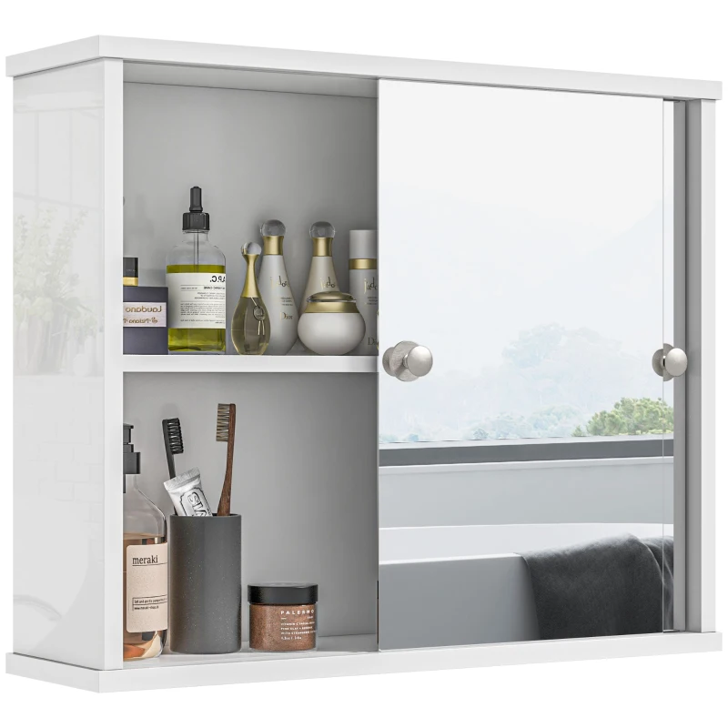 kleankin Armario con Espejo de Pared con Estante Ajustable y Puerta Corredera Doble para Lavabo 55x15x45 cm Blanco Brillante