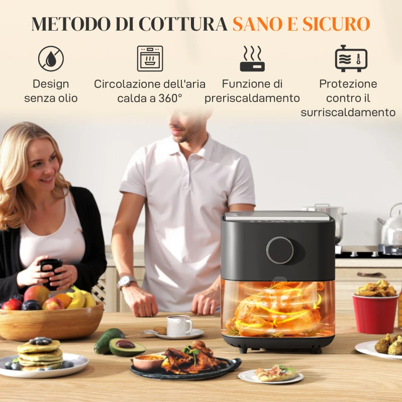 HOMCOM Friggitrice ad Aria da 8L, Air Fryer 1700W con 8 Programmi e Circolazione Aria Calda a 360°, Display LED, Nero