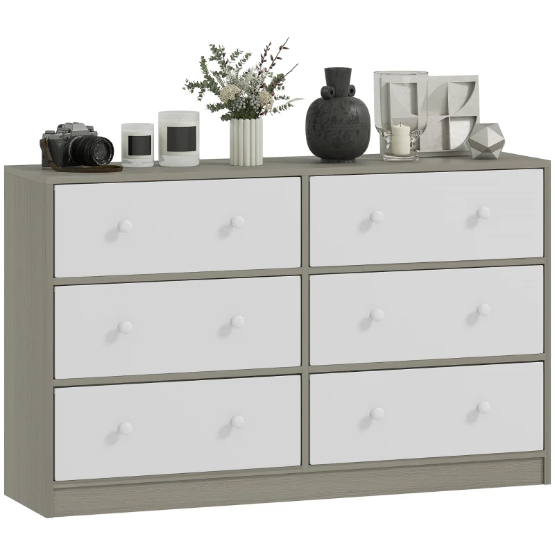 HOMCOM Cassettiera 6 Cassetti Pieghevoli con Maniglie Doppie, in Legno, Acciaio e Tessuto, 114x30x70 cm, Bianco e Grigio