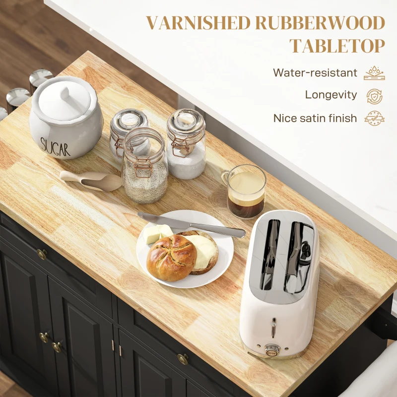 HOMCOM Rolling Kitchen Island Storage Trolley with Rubber Wood Top & Drawers for Dining Room, Black